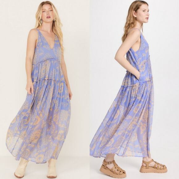 Free People Julianna Maxi Dress CHIFFON $168 XS Blue Boho Floral Sheer Lagenlook - Picture 1 of 5
